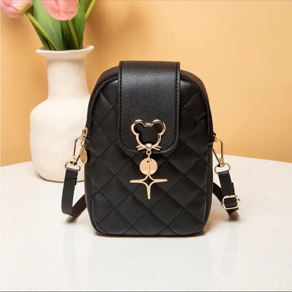 Mini Quilted Mouse Decor Crossbody Bag, PU Leather Textured Bag, Classic - Picture 4 of 9